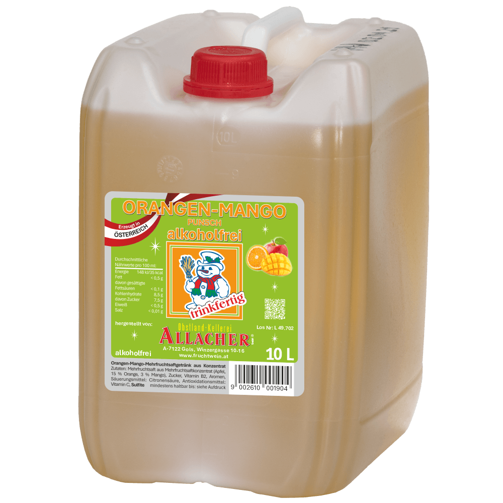 Non-alcoholic orange-mango punch in a 10-litre canister