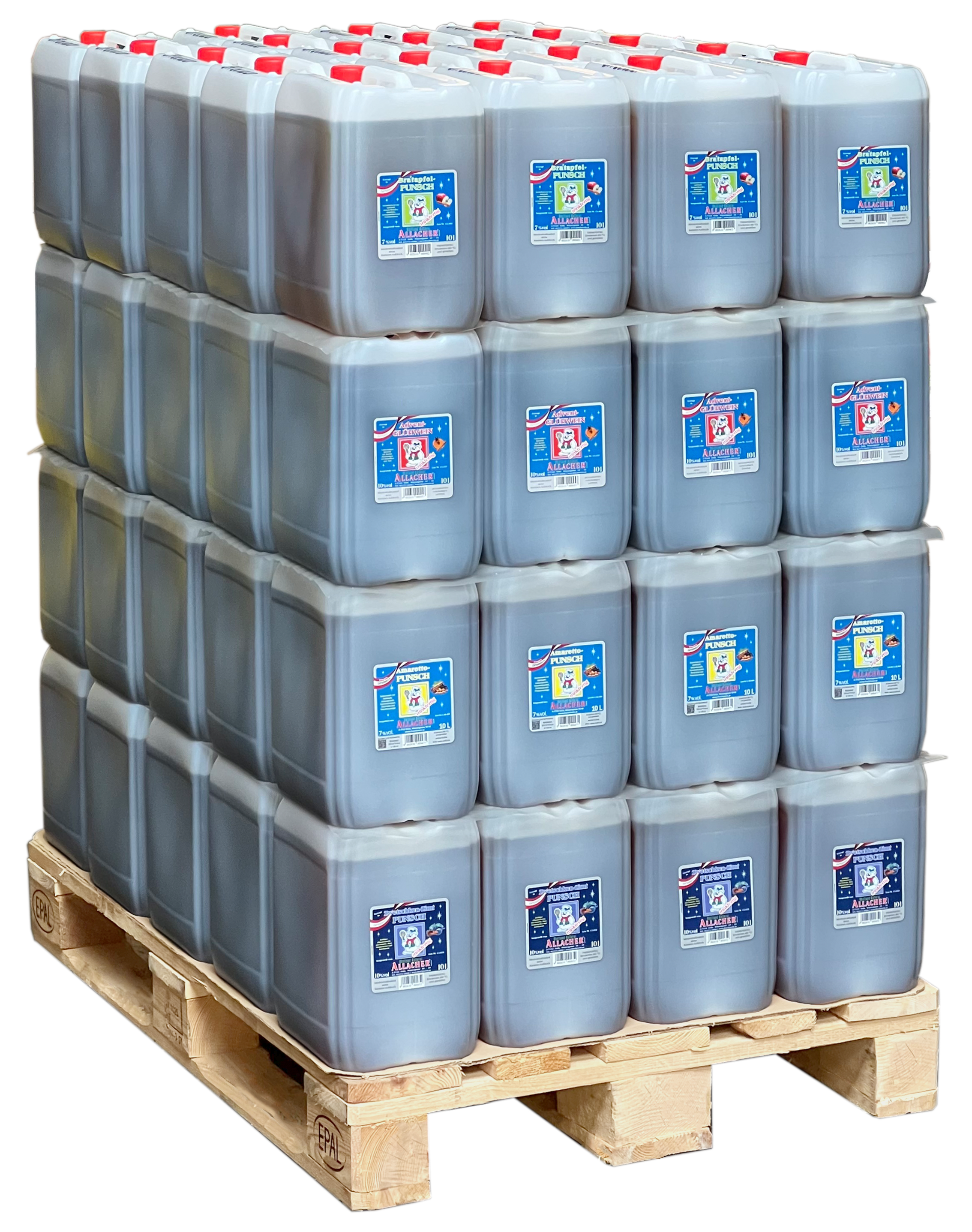 Pallet of stacked 10-litre canisters